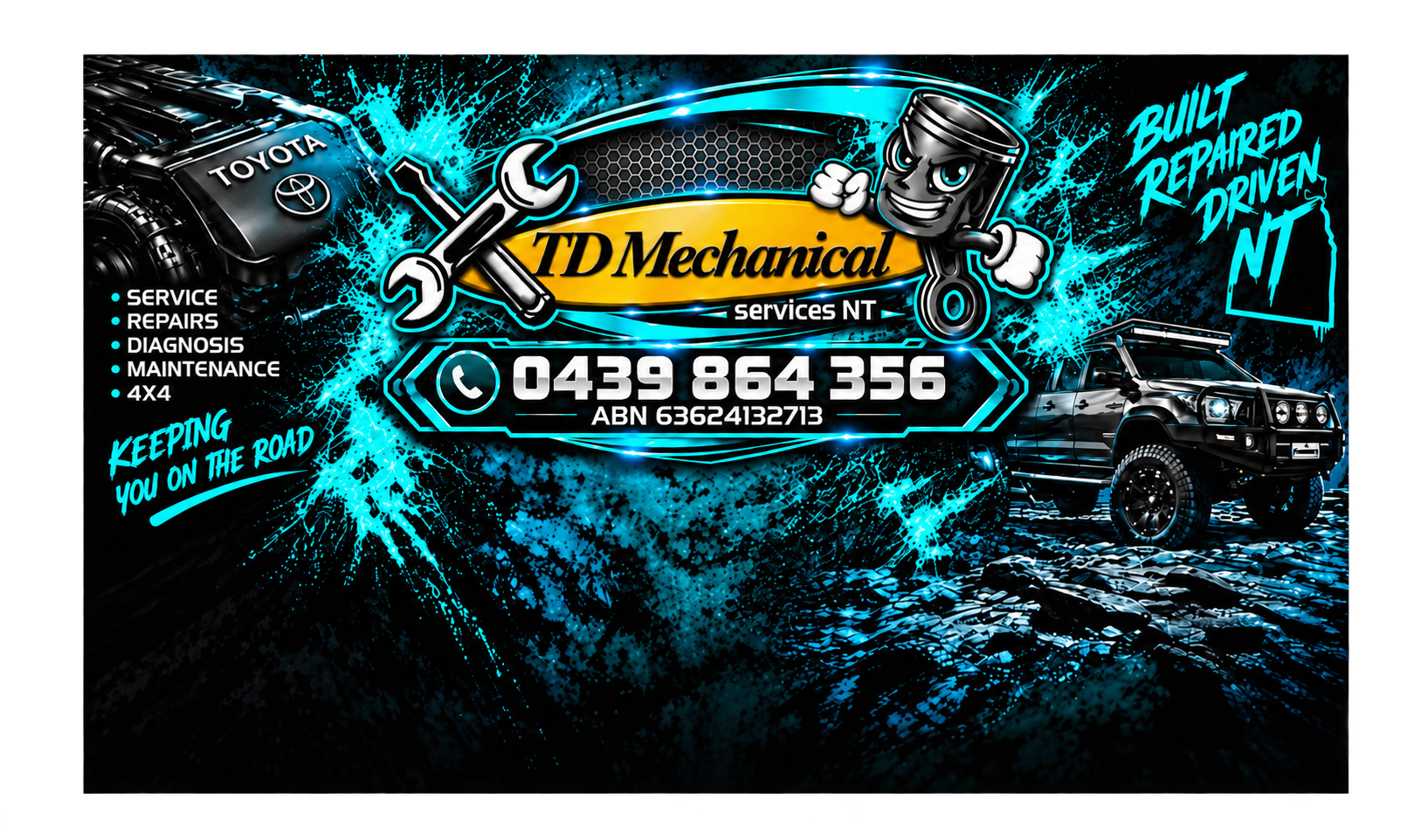 TD Mechanical Services NT branded artwork with a Toyota engine and four-wheel drive